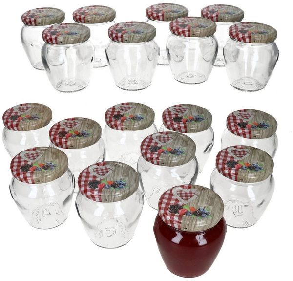 MamboCat Einmachglas Mambocat 20er Set Marmeladengläser 212 ml Holz-Herz Rot Beeren Deckel, Glas