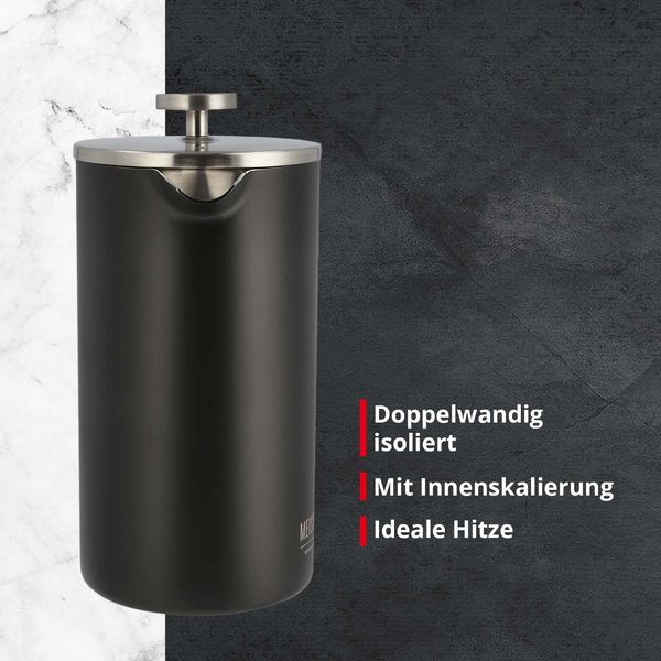 Meisterkoch French Press Kaffeepresse Thermo-Kaffeebereiter aus Edelstahl in schwarz, 1 Liter, 5-7 Tassen, doppelwandig isoliert, rostfrei, nachhaltig, für Camping, Reisen und Zuhause