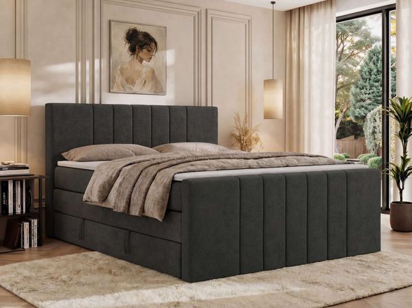 Boxspringbett INERO KING DUO mit Stauraum, Doppelbett 140x200, Bett mit Multipocket-Matratze H4 und Topper T25, modernes Boxspringbett, hohe Kopfteil - Dunkelgrau Stukture