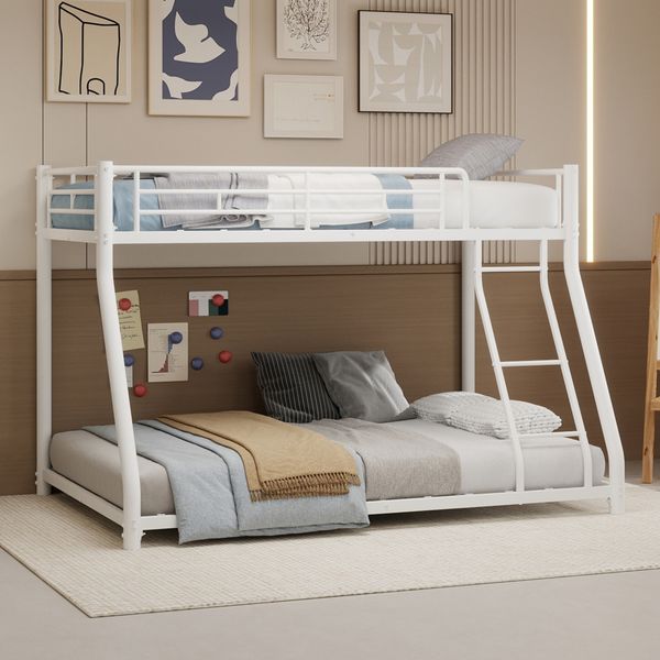Flieks Etagenbett Metallbett, 90x190cm+140x190cm, Jugendbett, Gästebett mit Schrägleiter und Geländer, lärmfrei, Weiß
