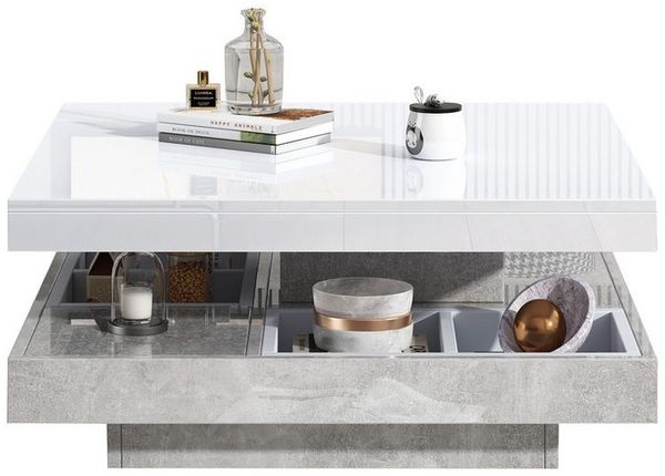 BlingBin Couchtisch Doppelcouchtisch mit Hochglanzplatte Tischplatte 360° drehbar (1er Set, 1-St, Doppelschwenkplatte mit Ablagefach), Wohnzimmertischplatte in weiß, marmorfarbene Spanplatte