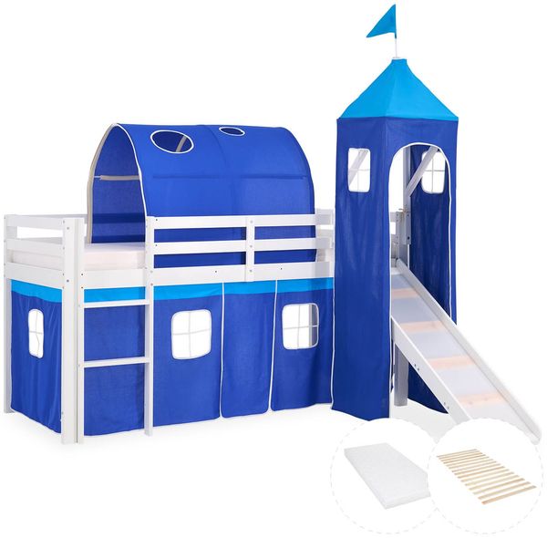 Hochbett mit Matratze 90x200 cm Turm Tunnel Rutsche Stockbett Kinderbett Leiter Holz Kiefer Vorhang blau Lattenrost