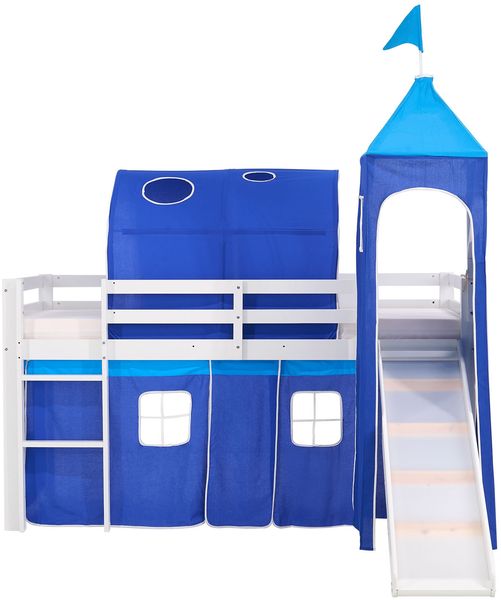 Hochbett mit Matratze 90x200 cm Turm Tunnel Rutsche Stockbett Kinderbett Leiter Holz Kiefer Vorhang blau Lattenrost Bild 10