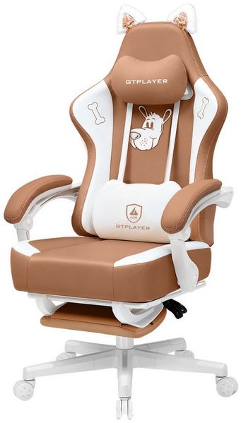 GTPLAYER Niedlicher Gaming Stuhl, Gaming Chair, ergonomischer Bürostuhl Gamer Stuhl mit Katzenohren, Memory-Schaum und Fußstütze, 150kg, Kunstleder-Braun