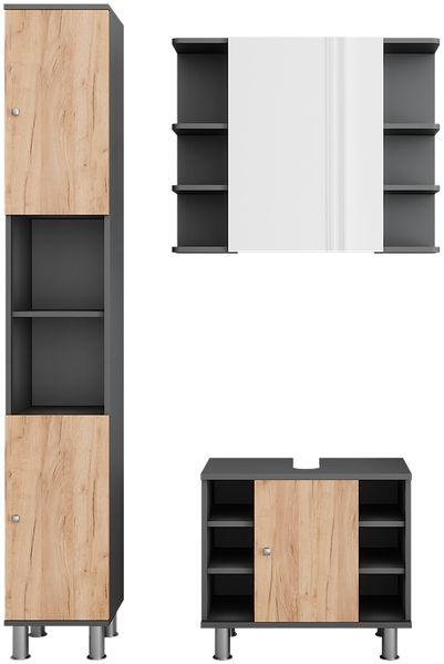 Badmöbel-Set Fynn Anthrazit/Goldkraft Eiche 3 Teile mit Hochschrank Vicco