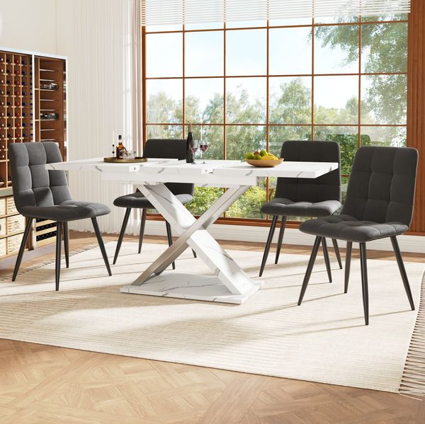 Teleskop-Esstisch 118–157 cm mit Marmormuster MDF-Platte, robustes Kreuzbein-Design, Metall-Teleskopstange, 76.4cmx118-157cmx75cm