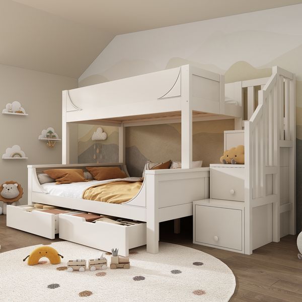 Kinder-Etagenbett Schlittenform Weiß mit Doppelbett & Stauraum, Leiterschrank,Schubladen