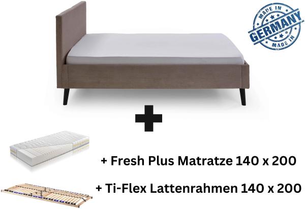 Polsterbett 140 x 200 Bettgestell Bett Doppelbett mit Kopfteil Taupe Made in Germany inkl. Matratze / inkl. Lattenrahmen