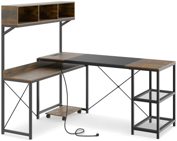 L-förmiger Computerschreibtisch mit Steckdosen & Mobiler CPU-Halterung Eckschreibtisch Braun