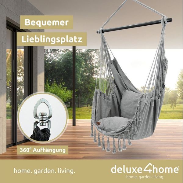 deluxe4home Hängesessel Hängeschaukel, Deckenschaukel Indoor & Outdoor I, inkl. Kissen, Kuscheldecke & Getränkehalter
