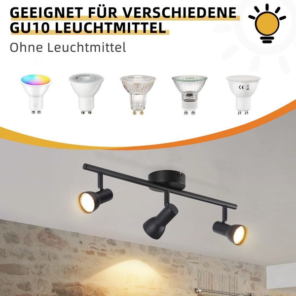ZMH Deckenstrahler 3 Flammig Deckenlampe Flur - Schwarz Deckenleuchte Modern Design Innen Strahler Metall GU10 Deckenspots 350°Schwenkbar Spots für Schlafzimmer Wohnzimmer Küche(Ohne Leuchtmittel) Bild 3