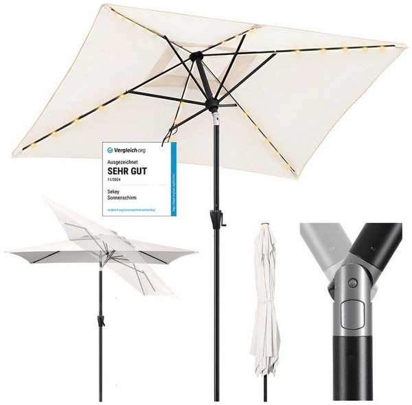 Sekey Sonnenschirm 210 x 140 cm Aluminum Sonnenschirm Rechteckig Marktschirm mit Kurbel, LxB: 210,00x140,00 cm, mit/ohne LED-Lichtern, Sonnenschutz UV50+, Gartenschirm Knickbar