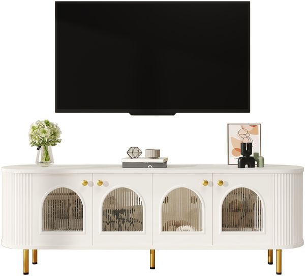 TV-Schrank 170 cm Weiß-Gold mit Glastüren, Wellenstruktur & Dämpfungsscharnieren, moderner Fernsehtisch mit Kabelführung Bild 7