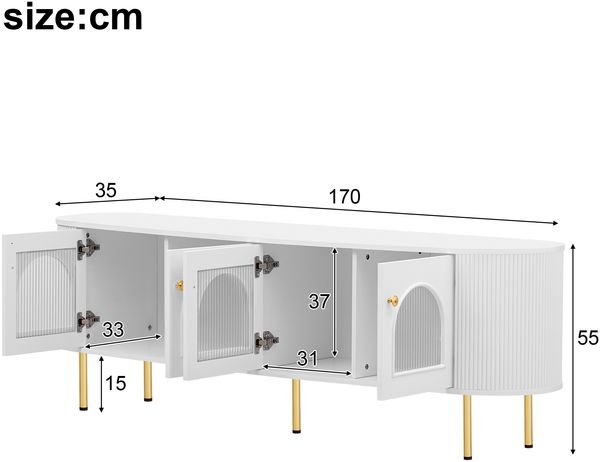 TV-Schrank 170 cm Weiß-Gold mit Glastüren, Wellenstruktur & Dämpfungsscharnieren, moderner Fernsehtisch mit Kabelführung Bild 6