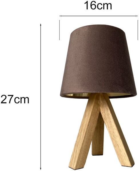 Tischlampe mit Dreibein aus Holz, Samtschirm Braun Gold, Höhe 27cm Bild 4