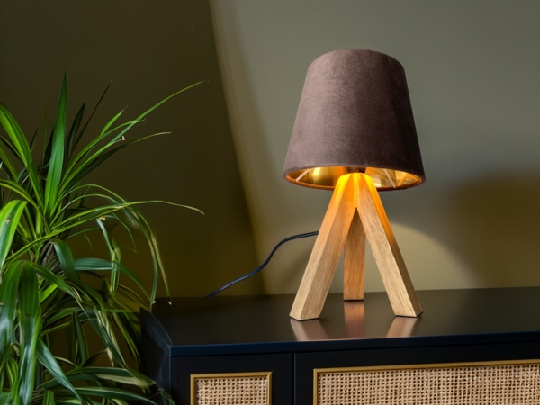 Tischlampe mit Dreibein aus Holz, Samtschirm Braun Gold, Höhe 27cm Bild 8