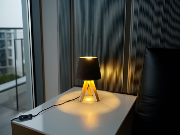 Tischlampe mit Dreibein aus Holz, Samtschirm Braun Gold, Höhe 27cm Bild 6