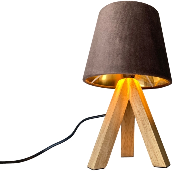 Tischlampe mit Dreibein aus Holz, Samtschirm Braun Gold, Höhe 27cm Bild 2