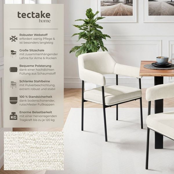 tectake Esszimmerstuhl Armlehnstuhl gepolstert, durchgehende Lehne, 58 x 62 x 85 cm (Küchenstuhl Doé in Webstoff off-white/schwarz, 6 St), pulverbeschichtete Stahlbeine, bodenschonend, Belastbarkeit 120 kg