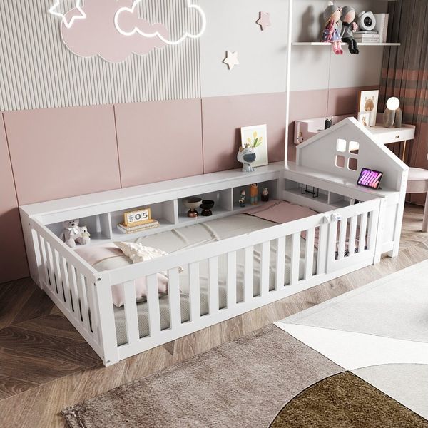 Merax Kinderbett mit Dach und Fenster (Massivholz Einzelbett Jugendbett, 1-tlg), Bodenbett 90x200cm mit Sicherheitsgitter Tür Ablagefächern & Stauraum