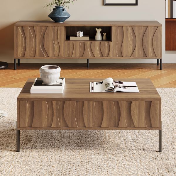Couchtisch & TV Lowboard Set Natur mit Wellenmuster - Wohnzimmer Set Holzoptik, harmonisches Design, Stauraum,Sideboard