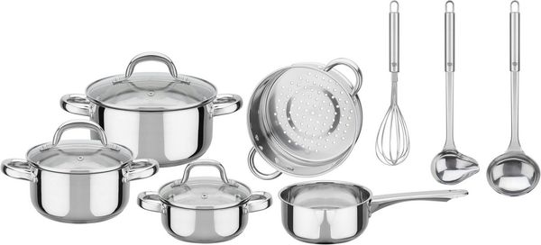 GSW Topf-Set Montreal, Edelstahl (Set, 11-tlg, je 1 Kochtopf 14/16/20 cm, 1 Stieltopf 14 cm), Kaltmetall-Griffe, Glasdeckel, inkl. Kochutensilien, Induktion