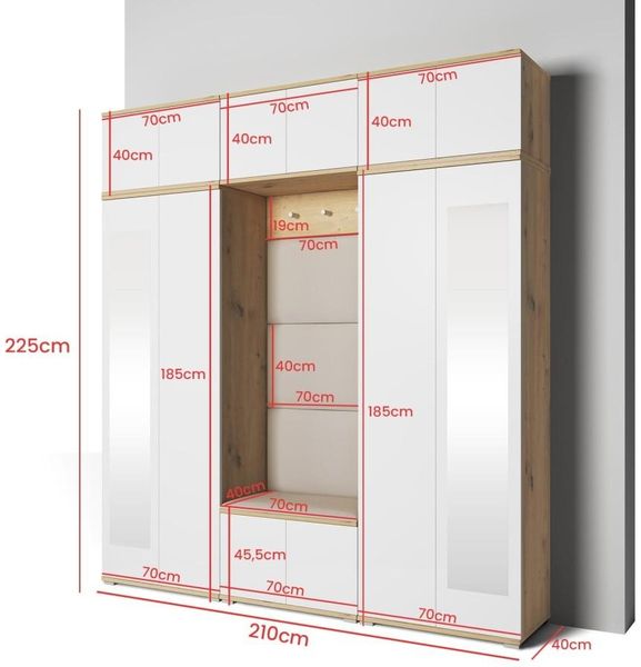Garderoben-Set Aura Version 4: Kleiderschrank mit Polsterpaneelen, Hängeschrank für Flur und Eingangsbereich (Weiß / Eiche Artisan/Trinity 02), 225 x 40 x 210 cm Bild 2