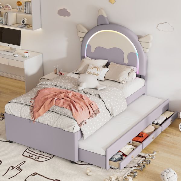 90x200cm Cartoon Kinderbett, Einhornform, ausgestattet mit ausziehbares rollbett, PU-Material,Violett