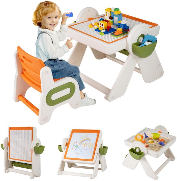 6 in 1 Bauklotztisch & Staffelei Set mit Wendbarer Tischplatte Kunststaffelei Spieltisch Orange