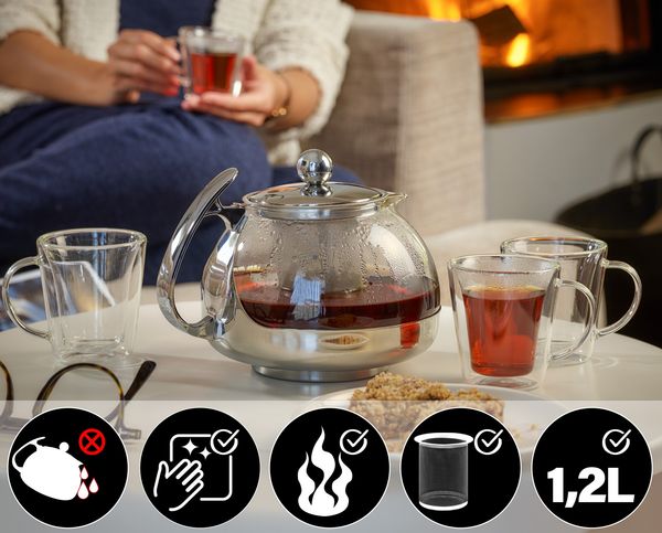 Teekanne mit Teesieb aus Edelstahl / Glas 1,2 Liter