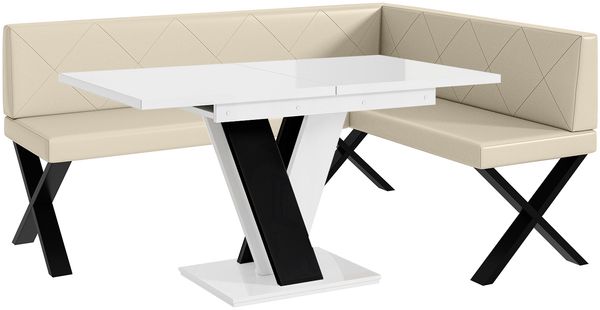 MEBLINI Eckbank für Esszimmer mit ausziehbarem Tisch - Küchenbank - Essecke - Sitzecke Küche - ERIC - X-Beine 128x168x87cm Rechts - Creme Kunstleder/M Weiß-Schwarz Hochgl.
