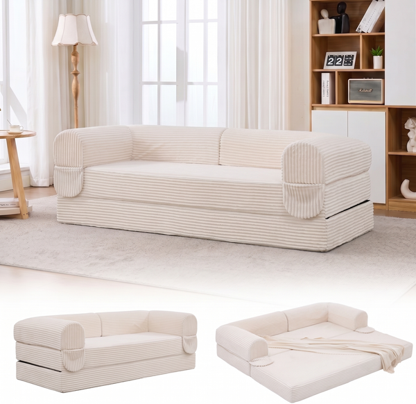 LVHOM Modulares Sofa 2 Sitzer, Schlafsofa mit Seitentaschen, Klappsofa mit Schlaffunktion, kein Aufbau erforderlich, Cord, Beige