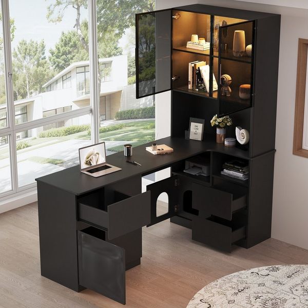 Flieks Eckschreibtisch 2-in-1 Hochschrank mit LED und Glastüren & L-förmig Arbeitstisch (1-St, Tischmaße: 120x45x76 cm, Schrankmaße: 80x30x180 cm), Regal-Schreibtisch Computertisch inkl. Glasvitrine/Bücherregal Schwarz