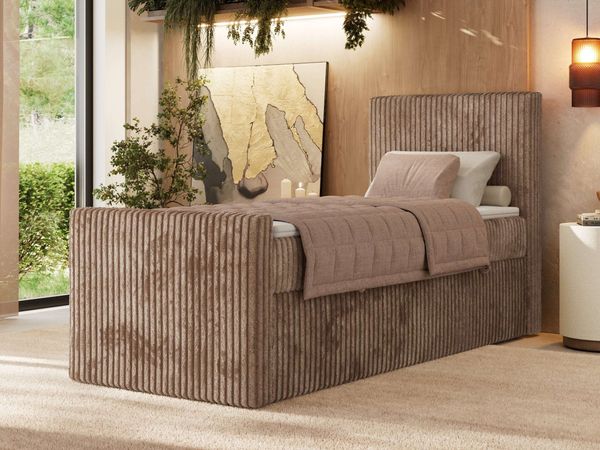Bett mit Matratze, Boxspringbhett TILIANO DUO 90, Einzelbett 90 x 200 cm, Multipocket-Matratze 7-Zonen-Taschenfederkern - Braun Cordstoff - H3 - Rechts - Topper T25