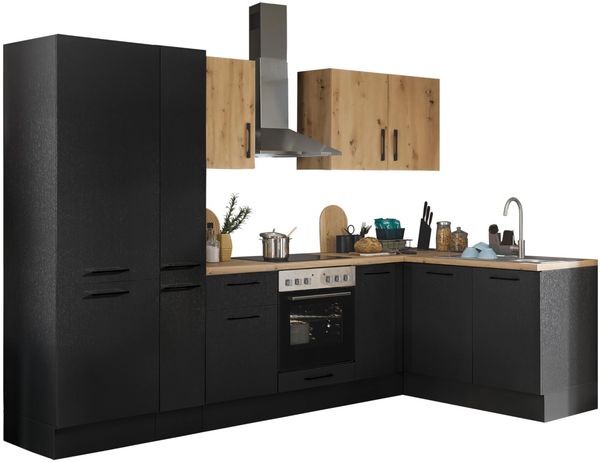 Turin L Eckküche 300 x 211 x 60 cm, schwarz - Basic Küchengeräte - Moderne, geräumige Küche in Artisan-Eiche Optik mit viel Stauraum