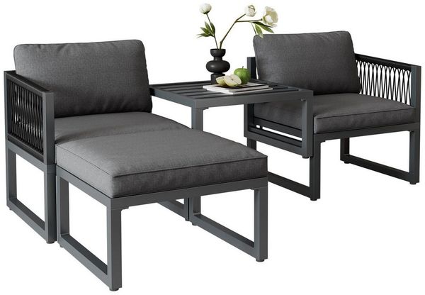 KLAM HOME Gartenlounge-Set Rope Seil Sitzgruppe Hocker höhenverstellbar, (4tlg, 2 Sofas 2 Fußhocker), aus Polyrattan und Aluminiumrahmen für Innenhof Balkon Außenbereich