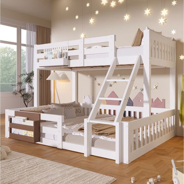 Flieks Etagenbett, Kinderbett 90/140x200 cm mit Staufächer & Leiter & Sicherheitsgitter