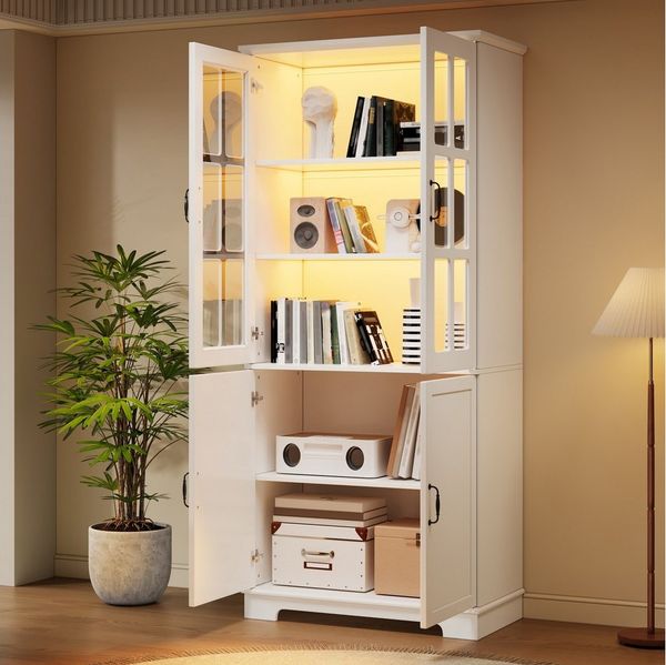 REDOM Vitrine Weißer Vitrinenschrank 80 x 38 x 180 cm mit Glastüren (Packung, 1-St, 5 Ablagen, Kombi aus offenen & geschlossenen Fächern) mit LED, Vielseitiger Hochschrank als Bücherregal & Stauraum