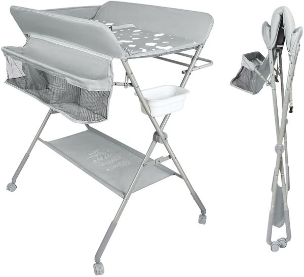 mobiler Wickeltisch mit Wickelaufsatz, Wickelkommode klappbar höhenverstellbar, Wickelkombi mit Sicherheitsgurt Aufbewahrungskorb Kleiderstange-80 * 58 * 90 cm-hellgrau