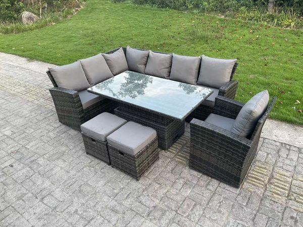 Fimous Hoher Rücken Outdoor Gartenmöbel-Set Ecksofa Sets Höhenverstellbarer Esstisch Dunkelgrau gemischt 9 Sitzer Linke Ecke