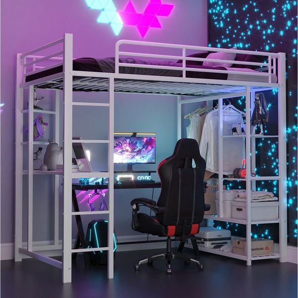 Flieks Hochbett Kinderbett Metallbett 90x200cm mit Tisch und Stauraum