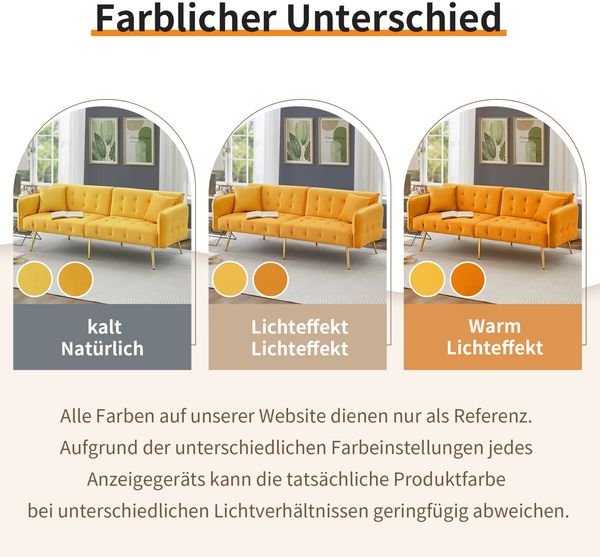 Zweisitzer-Sofabett, verstellbare Rückenlehnen & Armlehnen, Velours, gelb, 178x82x70 cm Bild 8