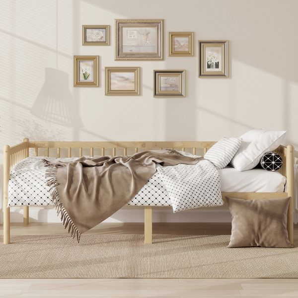 Kiefernholz-Tagesbett 90*200 cm, Schlafsofa mit 3-seitigen Geländern & 14 Tragleisten,Natur