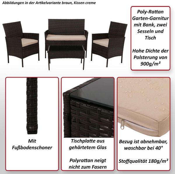 Poly-Rattan Garten-Garnitur HWC-N98, Sitzgruppe Lounge-Set, Metall Glas Stoff/Textil (180g/m²) ~ anthrazit, Kissen creme Bild 2