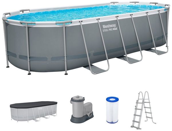 Bestway Framepool Steel Pro MAX™ (Set, Inkl. Filterpumpe, Sicherheitsleiter, Abdeckplane), 549 x 274 x 122 cm
