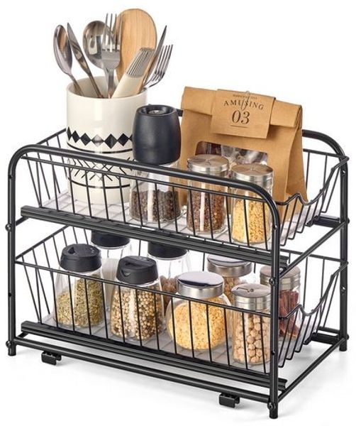 Küchen-Organizer, Küchenregal, Ordnungssystem, 2 Ebenen, stapelbar, erweiterbar, mit Metallkörben, für Küche, Badezimmer, Schwarz