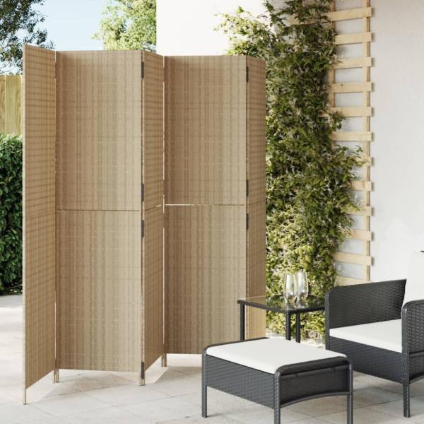 vidaXL Paravent 5-tlg. Beige Poly Rattan 365351
