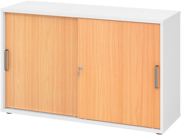 bümö Schiebetürenschrank 2OH - Aktenschrank abschließbar, Sideboard Schrank mit Schiebetüren in Weiß/Buche, Streifengriff - Büroschrank aus Holz mit Schiebetür, Büro Kommode für Ordner & Co, 1752S-W-6-SG