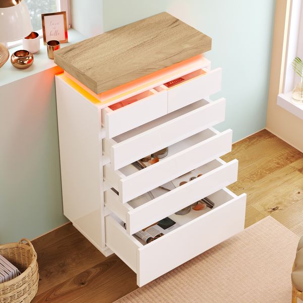 Kommode 73 x 39 x 115 cm in Weiß, Hochglanz mit 6 Schubladen und LED-Beleuchtung