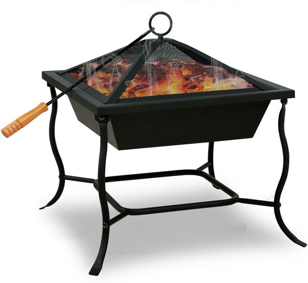 GARDEBRUK® Feuerschale, mit Funkenschutz, Schürhaken, Eckig, Stahl Schwarz, 45 x 45 x 45 cm